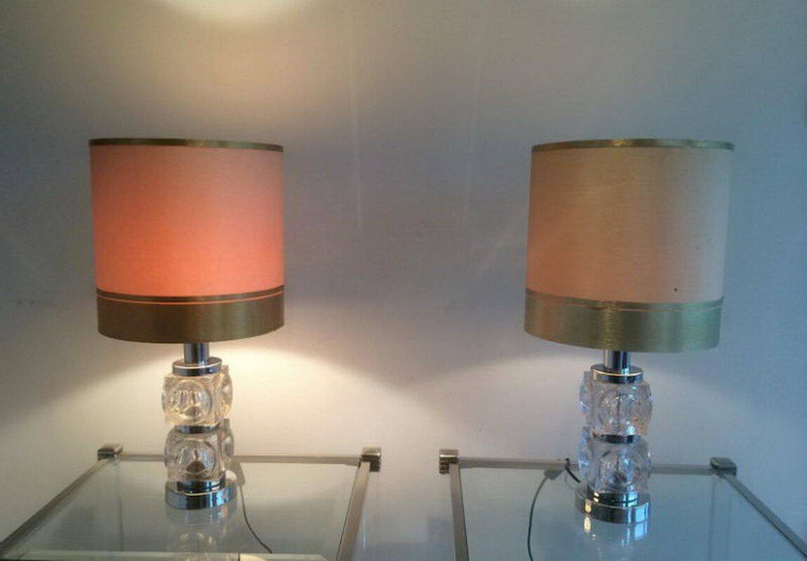 Pair of glass and chrome lamps. Circa 1970
