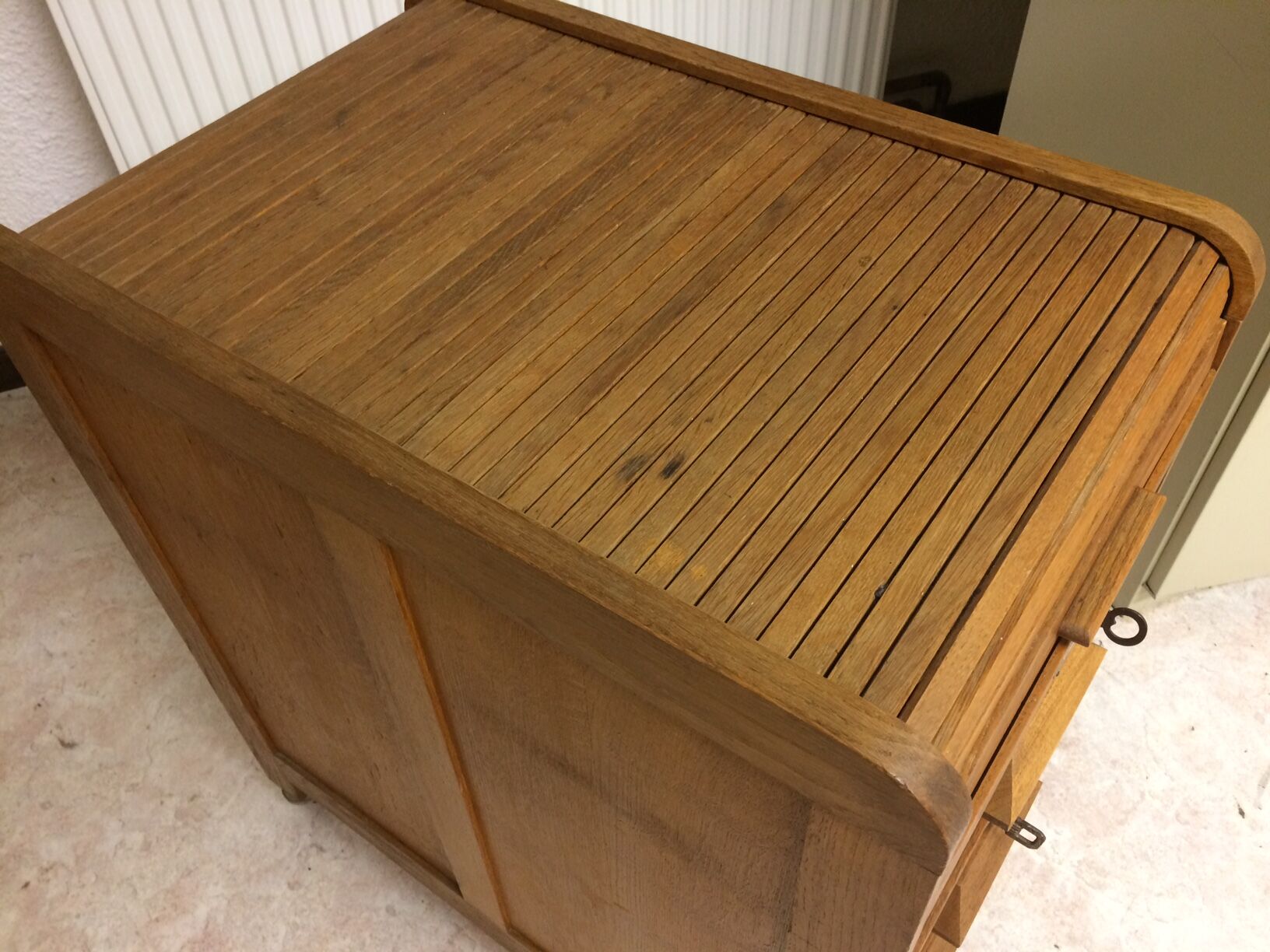 Old curtain oak wheeled box 1950