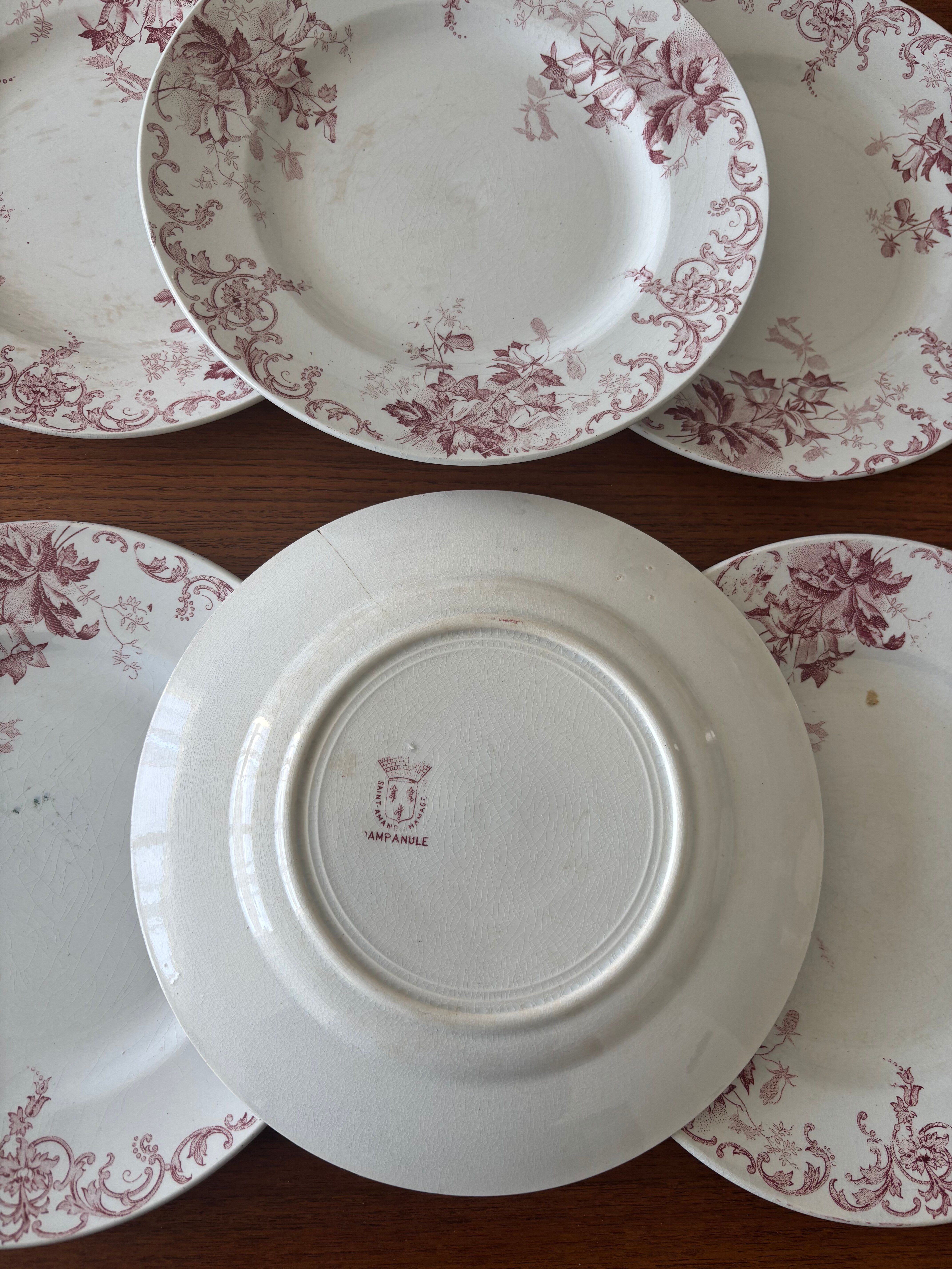 Set of 6 antique red Terre de Fer plates St Amand Hamage model