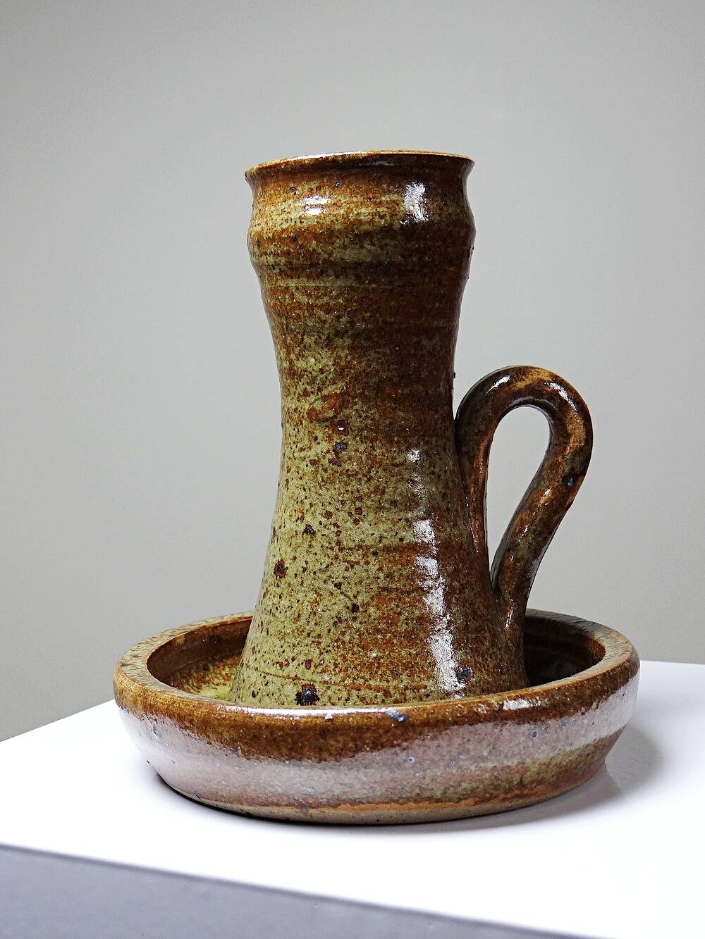 Large hand-held candle holder in handcrafted stoneware in the style of Baudat, La Borne, vintage