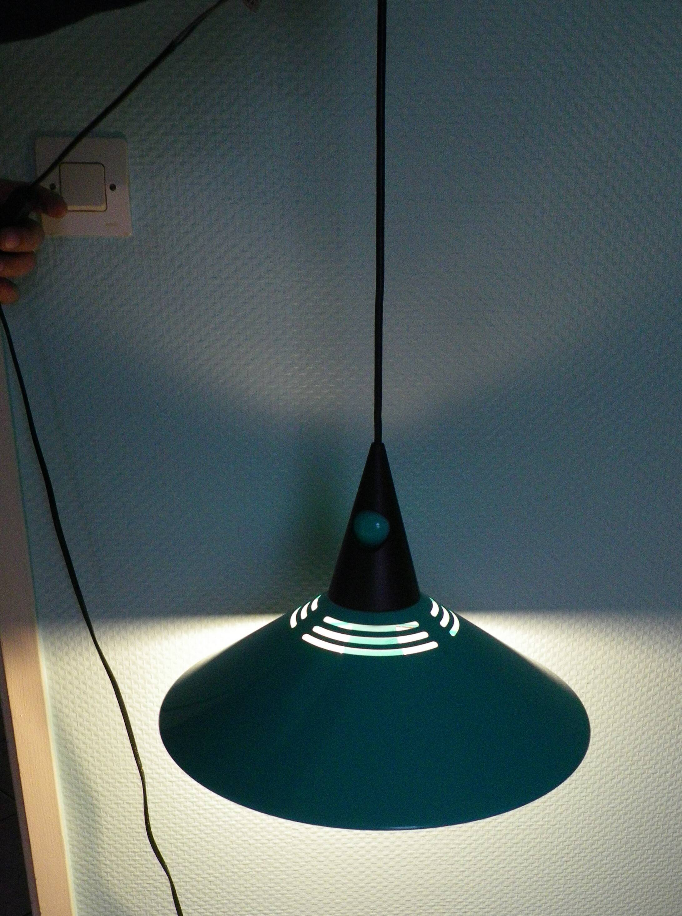 Emerald blue metal pendant light, Memphis style, space age -1980-