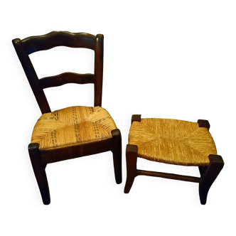 Chaise paillée enfant et tabouret en chêne