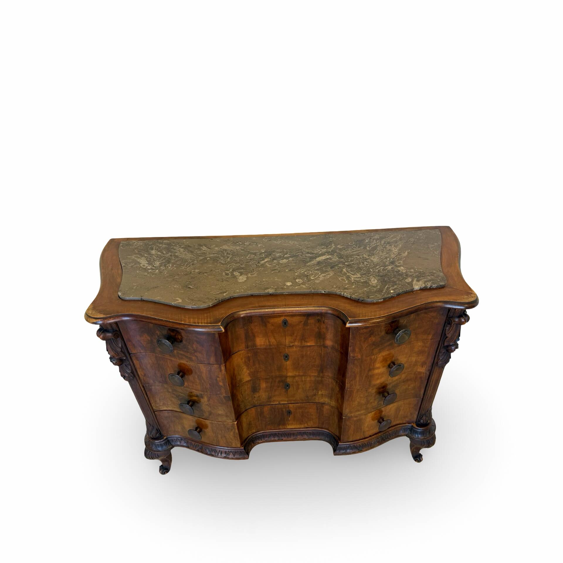 serpentine commode in antique walnut