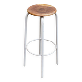 Tabouret haut de bar industriel vintage en acier blanc et bois 75cm