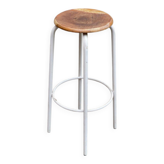 Vintage industrial bar stool in white steel and wood, 75cm.