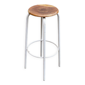 Vintage industrial bar stool in white steel and wood 75cm