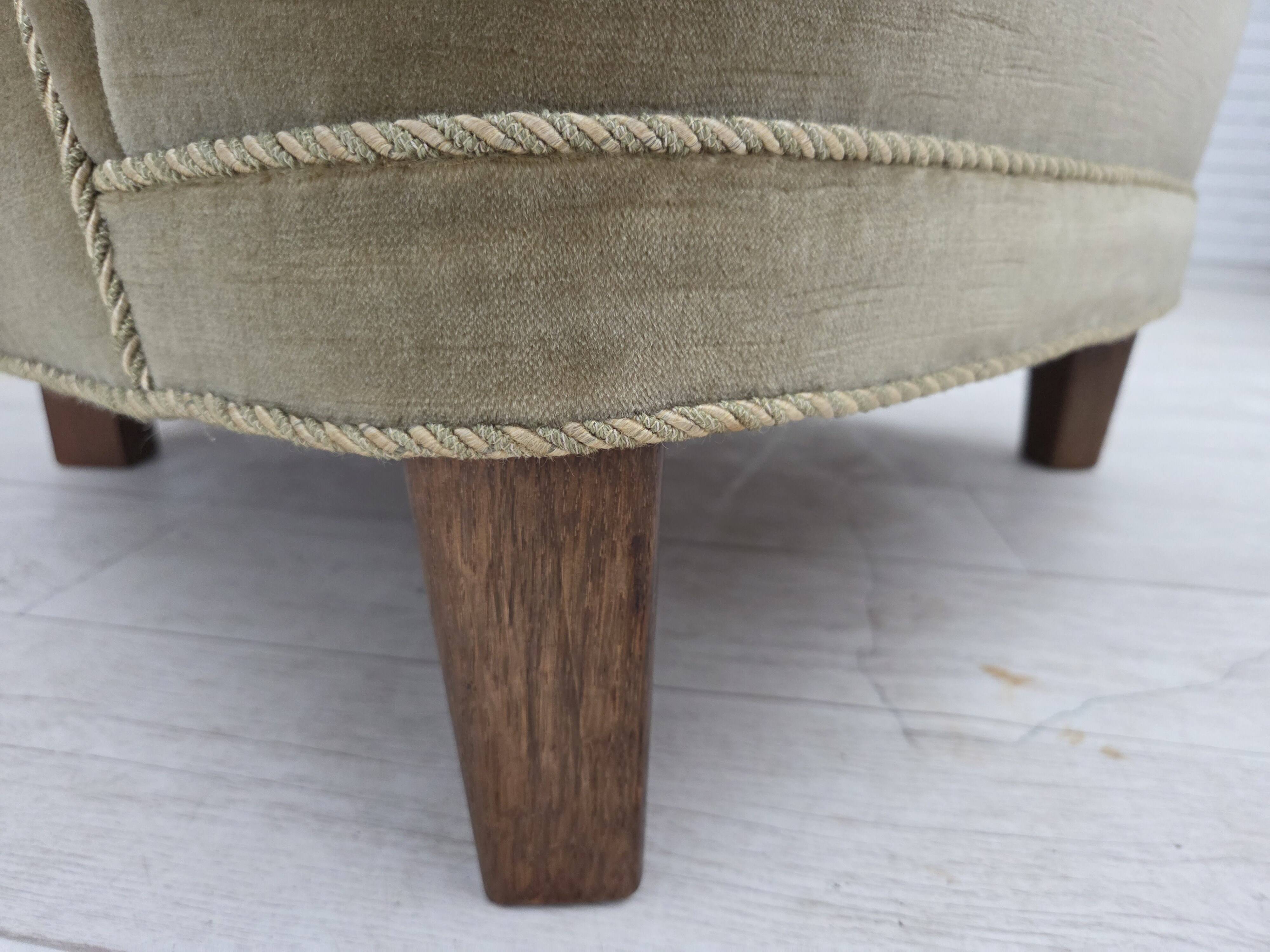 1970s, Danish armchair, original green furniture velour, oak wood.