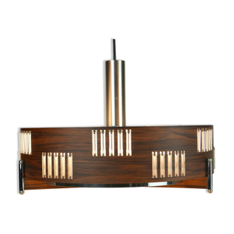 Suspension space age aluminium imitation bois, chrome et verre