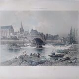 Lithograph Brittany View of Redon and the Vilaine XIXth