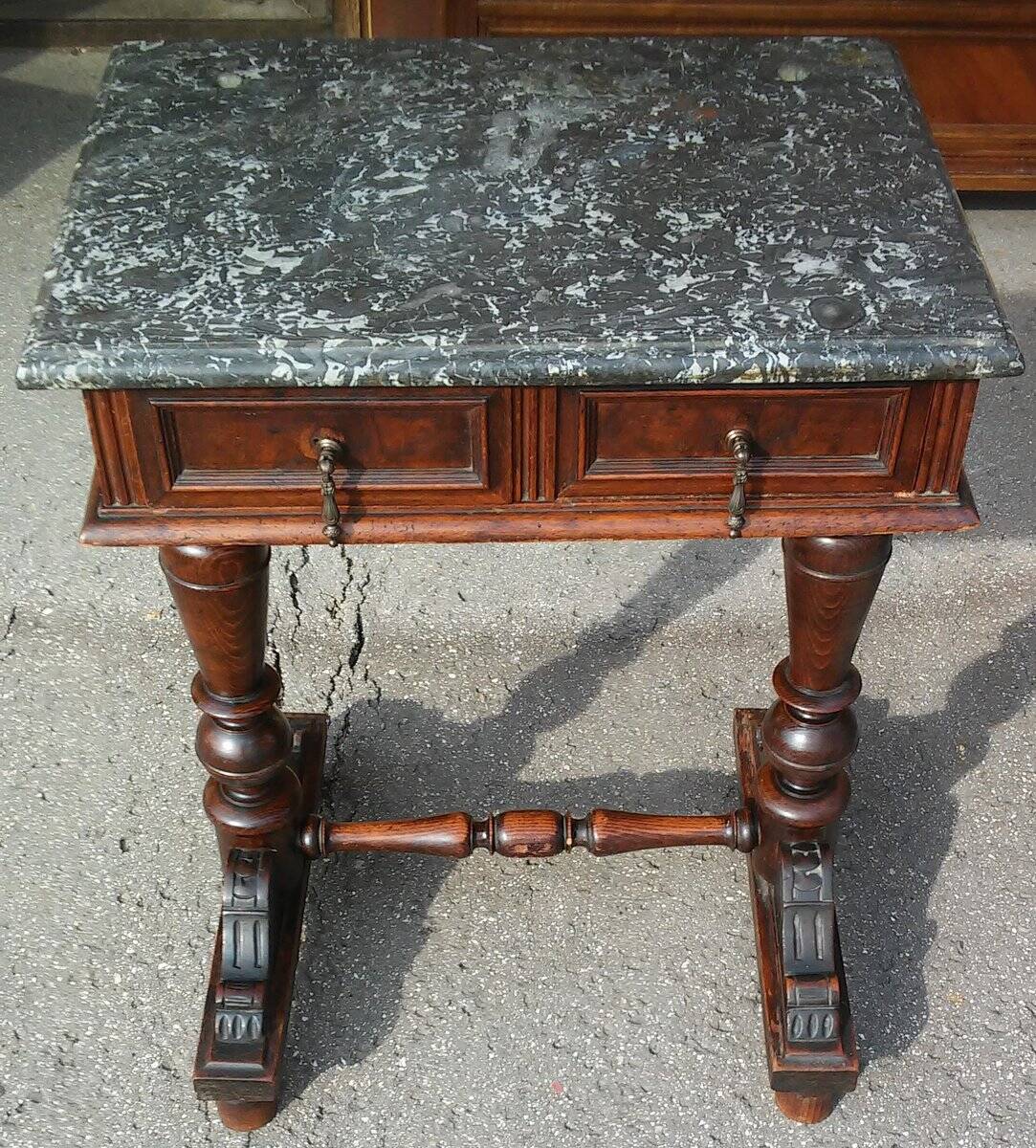 Console baroque viennoise marron en bois avec plateau marbre noir veiné — fin XIXe