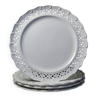 4 Assiettes plates rebord dentelle faïence vintage Valentino Italie