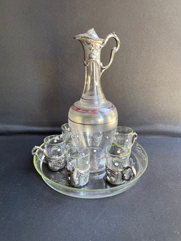 Liquor service Art Nouveau 1/2 Enamelled colored crystal with silver metal frame