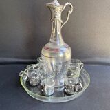 Liquor service Art Nouveau 1/2 Enamelled colored crystal with silver metal frame