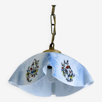 Lampe pendante tchèque vintage en verre opalin bleu et blanc avec des images pittoresques