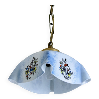 Lampe pendante tchèque vintage en verre opalin bleu et blanc avec des images pittoresques