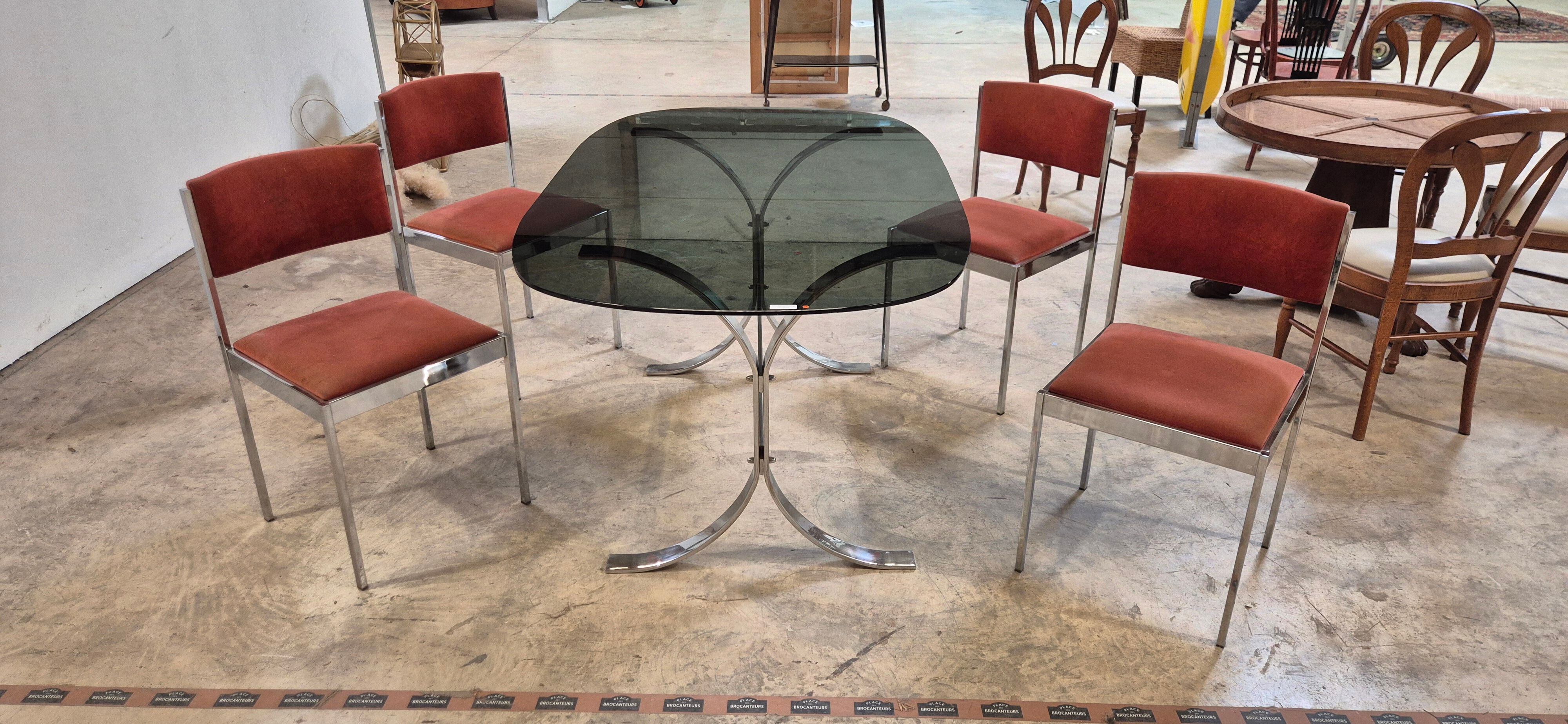 Dining room table + 4 stainless steel and smoked glass chairs 1970