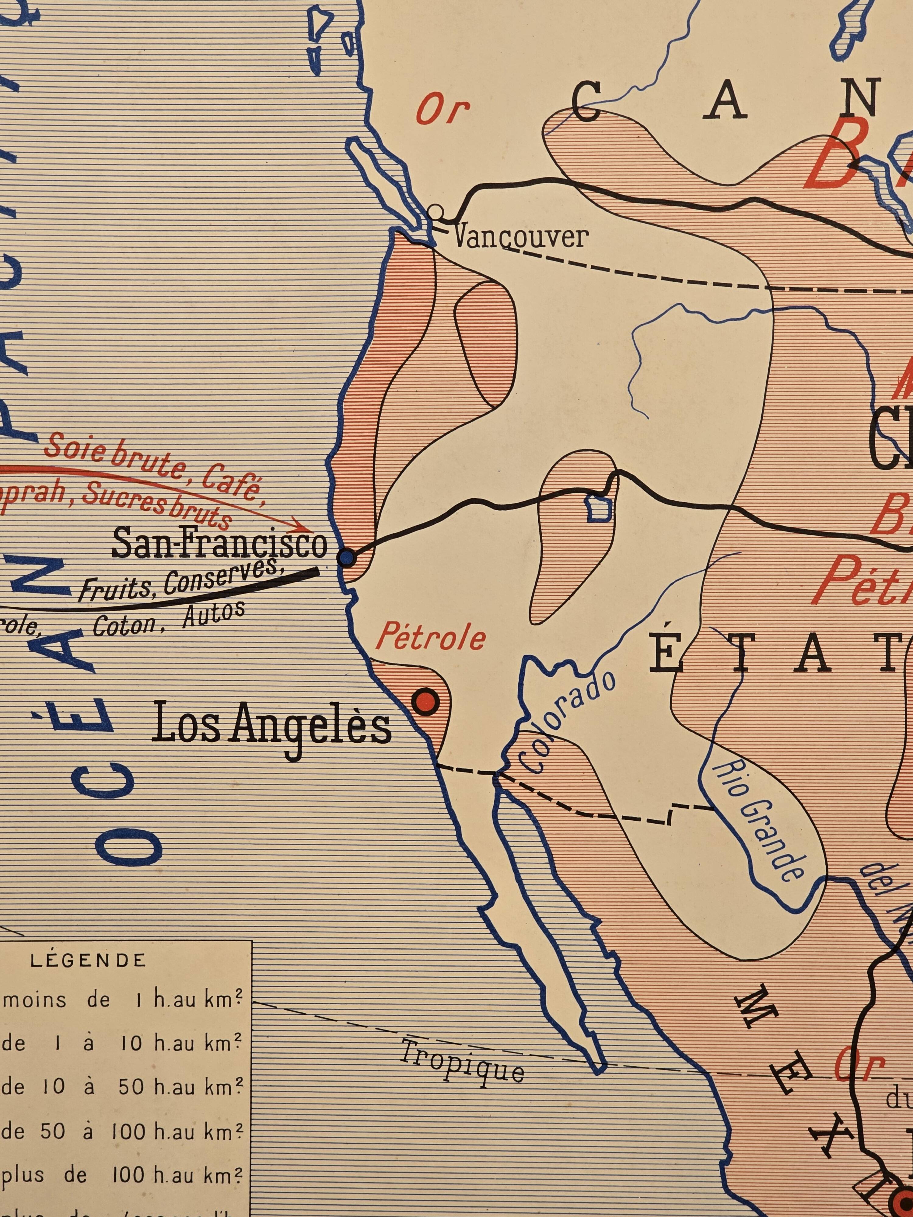 Old geography map / school map South America North America