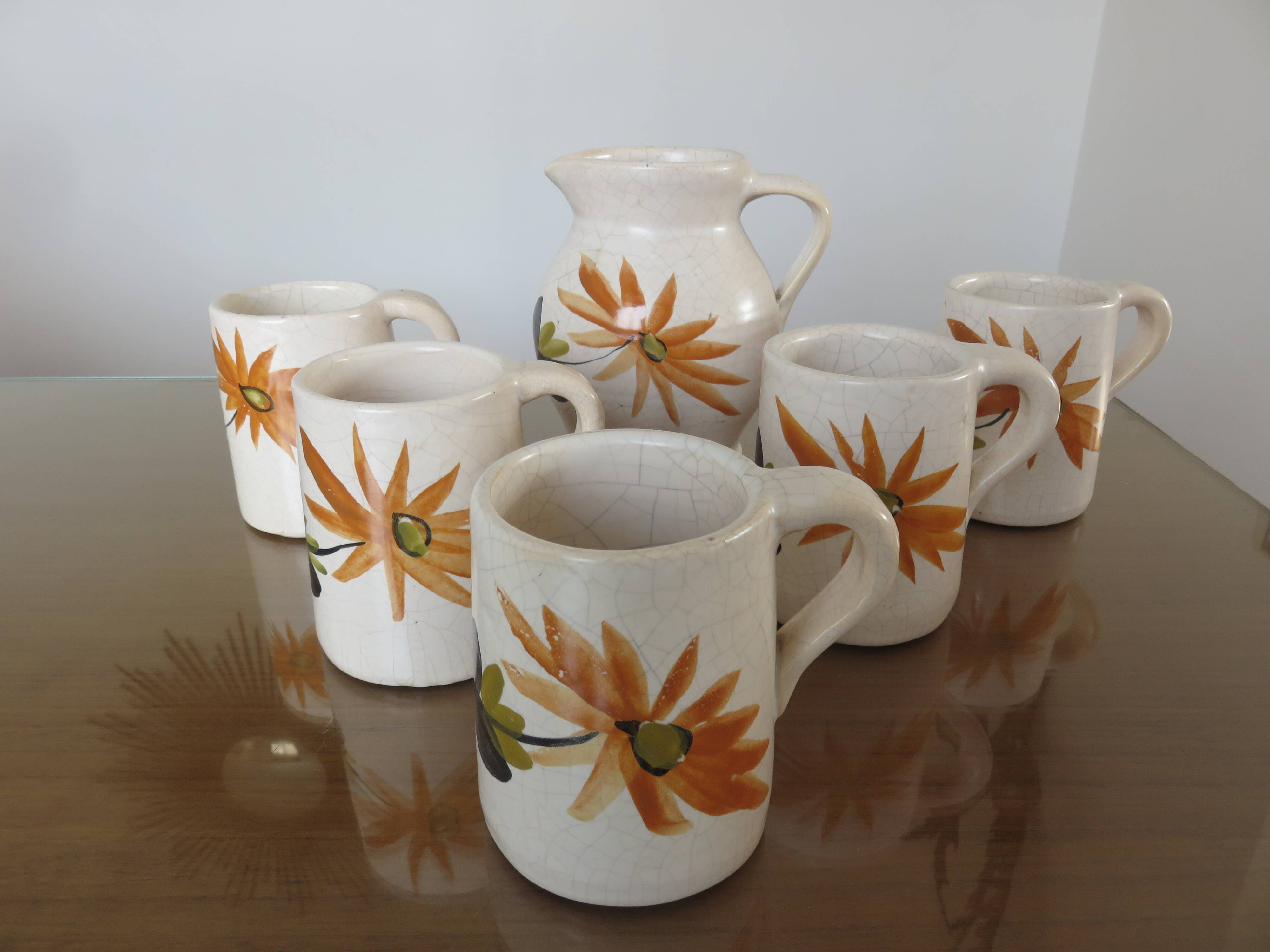 Ceramic cracked orangeade service, floral pattern from the 60s.