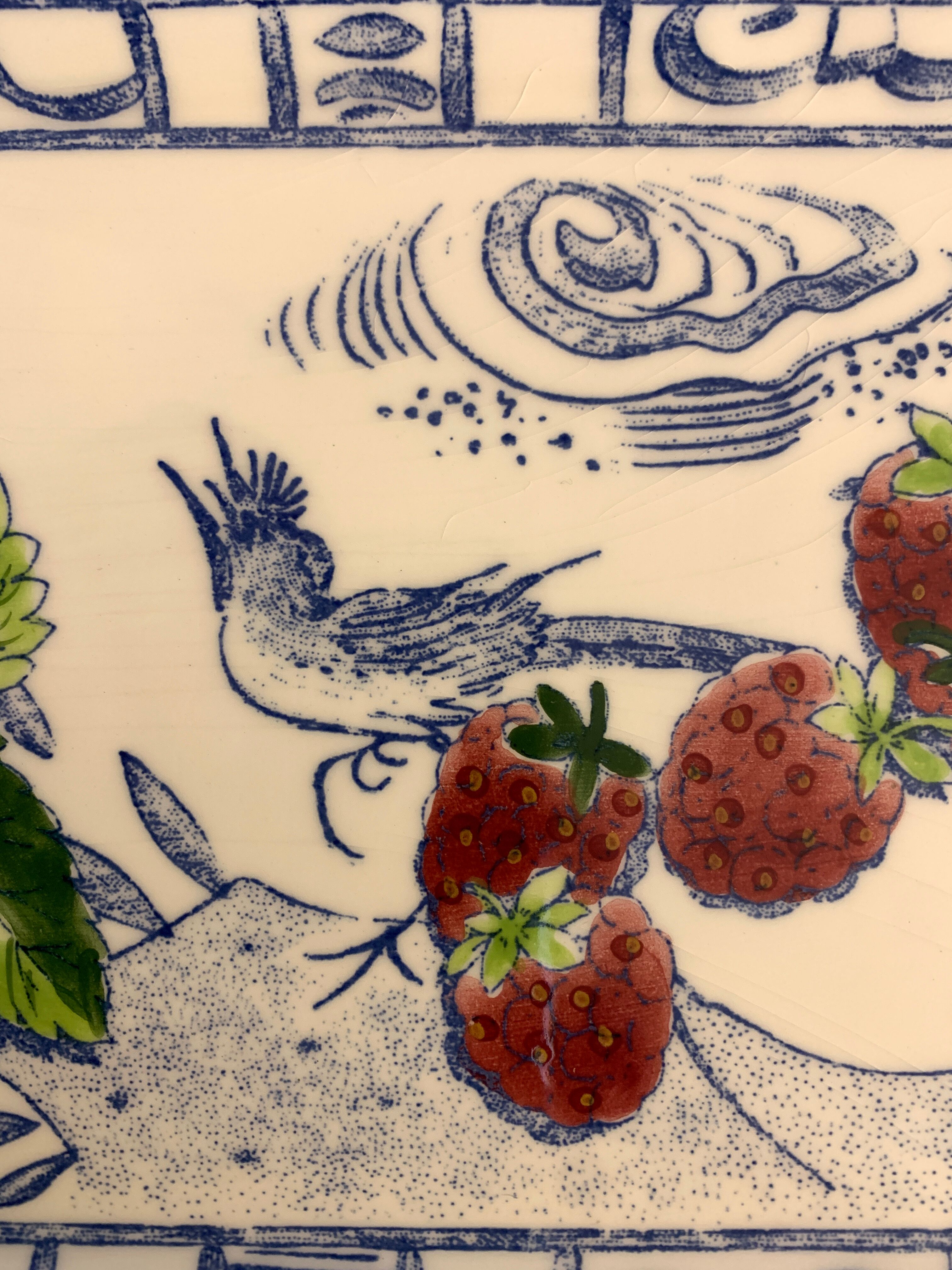 Gien cake dish, blue bird and fruit, design Isabelle de Borchgrave