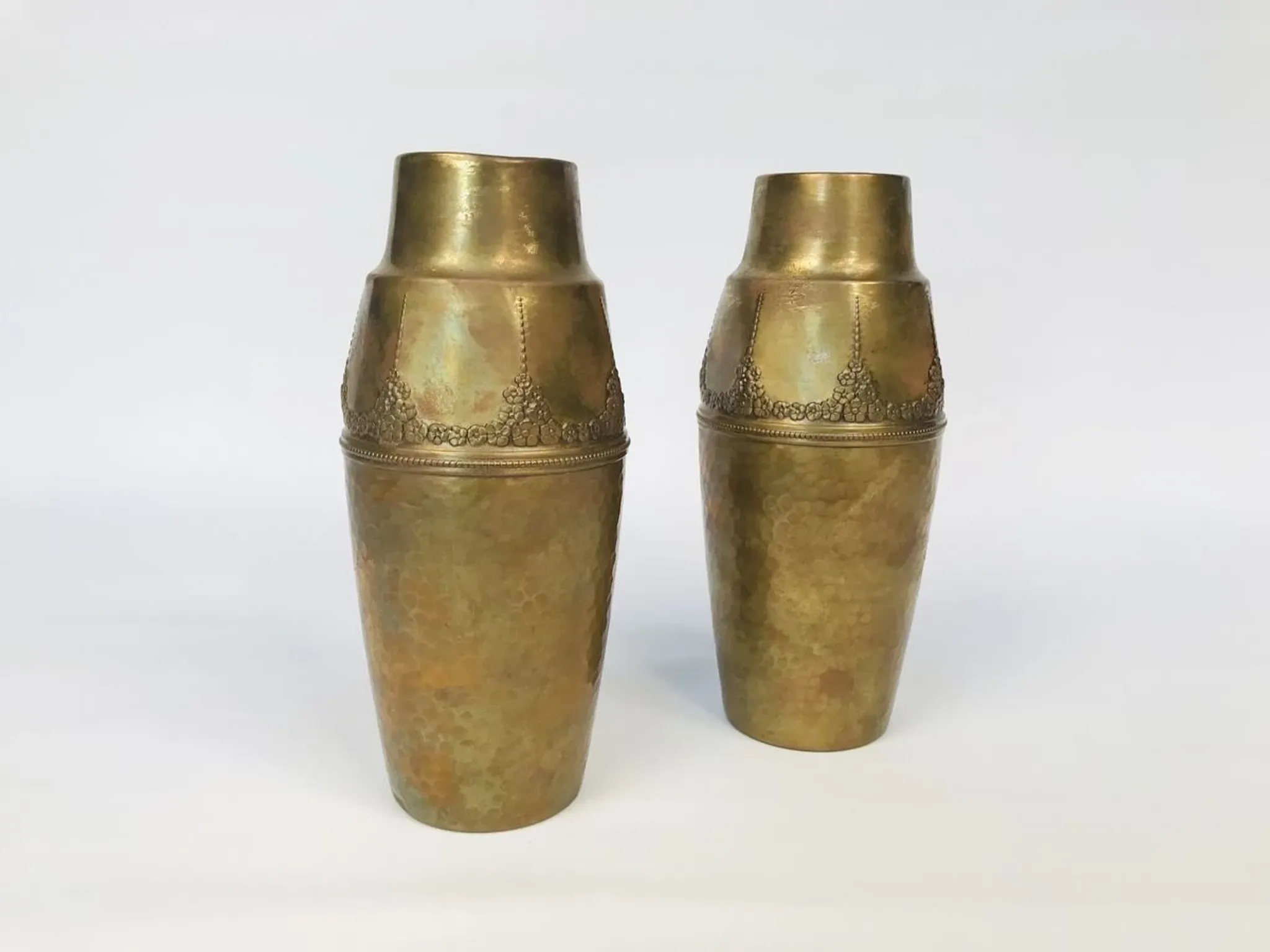 Art Nouveau Wrought & Hammered Brass Vases from WMF Germany 1920s, Set of 2