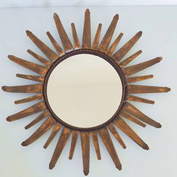 Miroir soleil sunburst vintage 1960 en metal cuivre dore 50s brutaliste 1960s