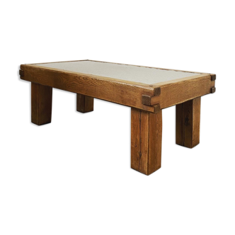 Table basse année 60 bois et béton brustaliste