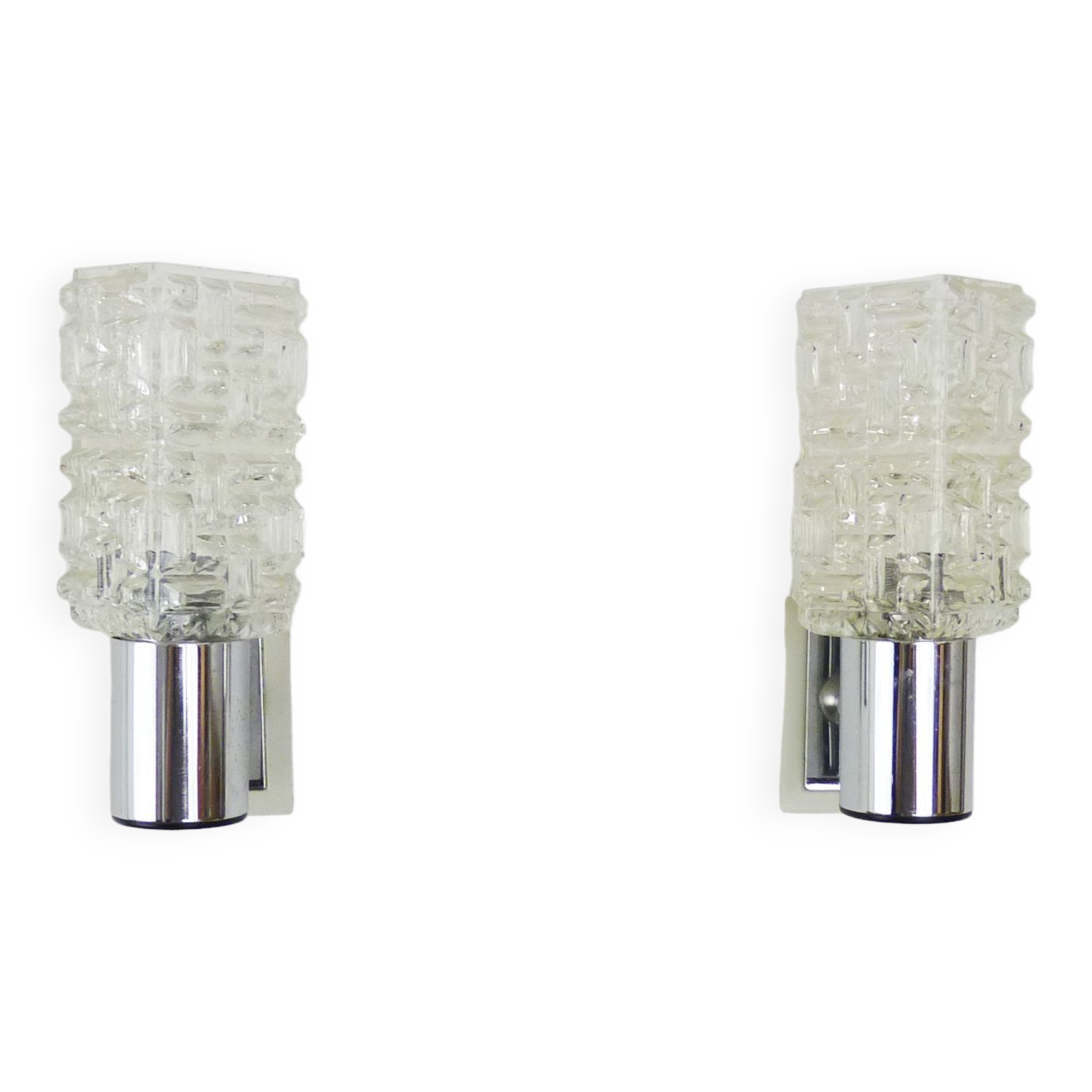 Pair of space age wall sconces, stainless steel and thick glass, 60s 70s