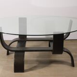 Vintage Fubo coffee table – curved wood & smoked glass – 1970s