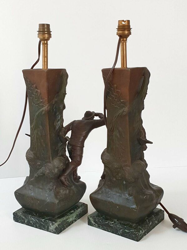 Paire de lampes pecheurs art deco 1940 1940 vintage en metal & marbre 30s 4