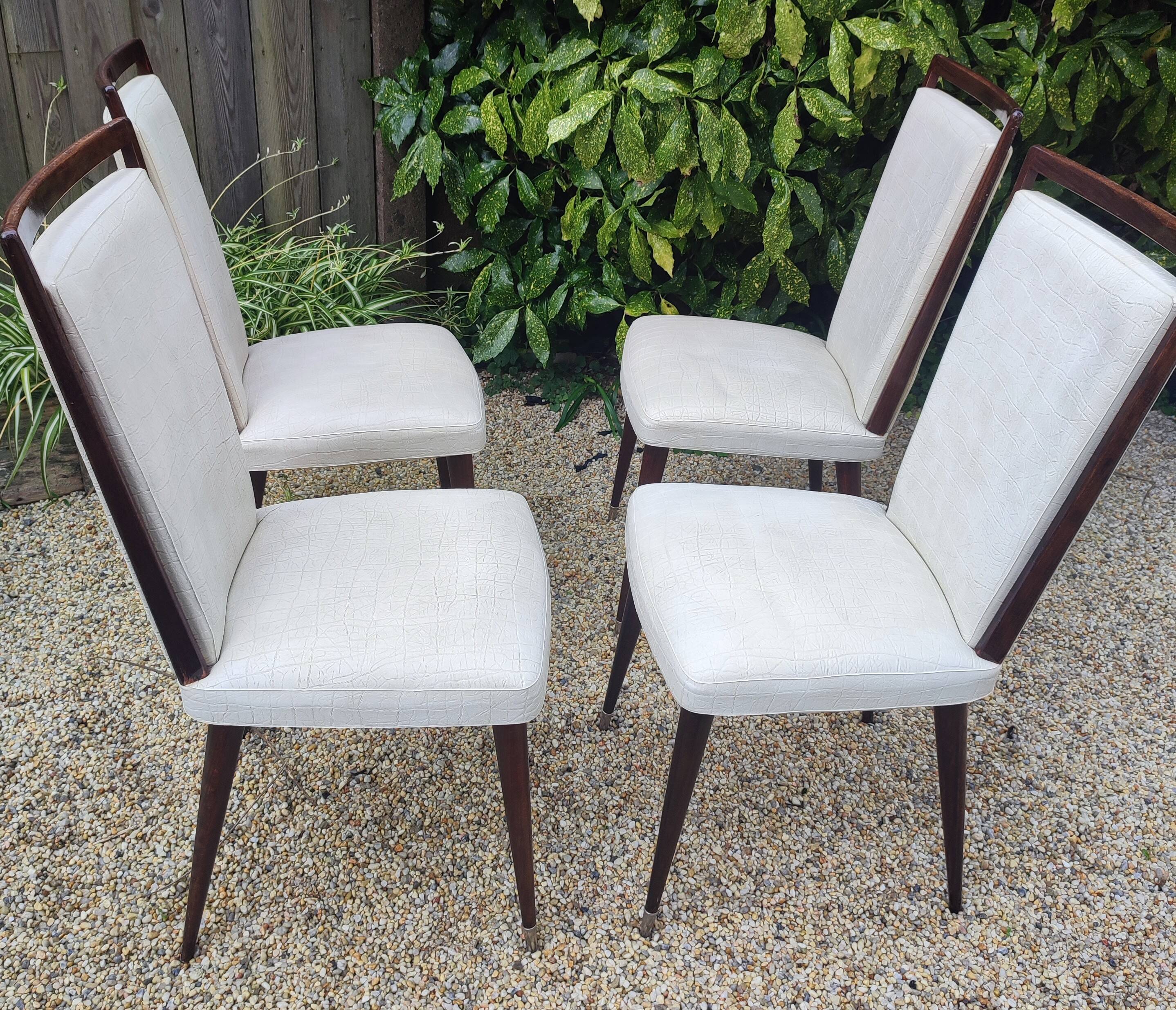 Set of 4 Vintage Mid-Century Modern Chairs with Tapered Legs and Metal Sabers -