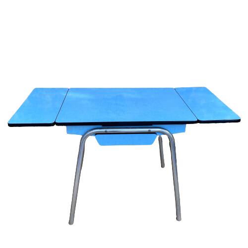 Extendable blue formica table and 2 chairs, 1960s
