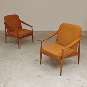 Pair of Czech armchairs in mustard flecked fabric, 1960.
