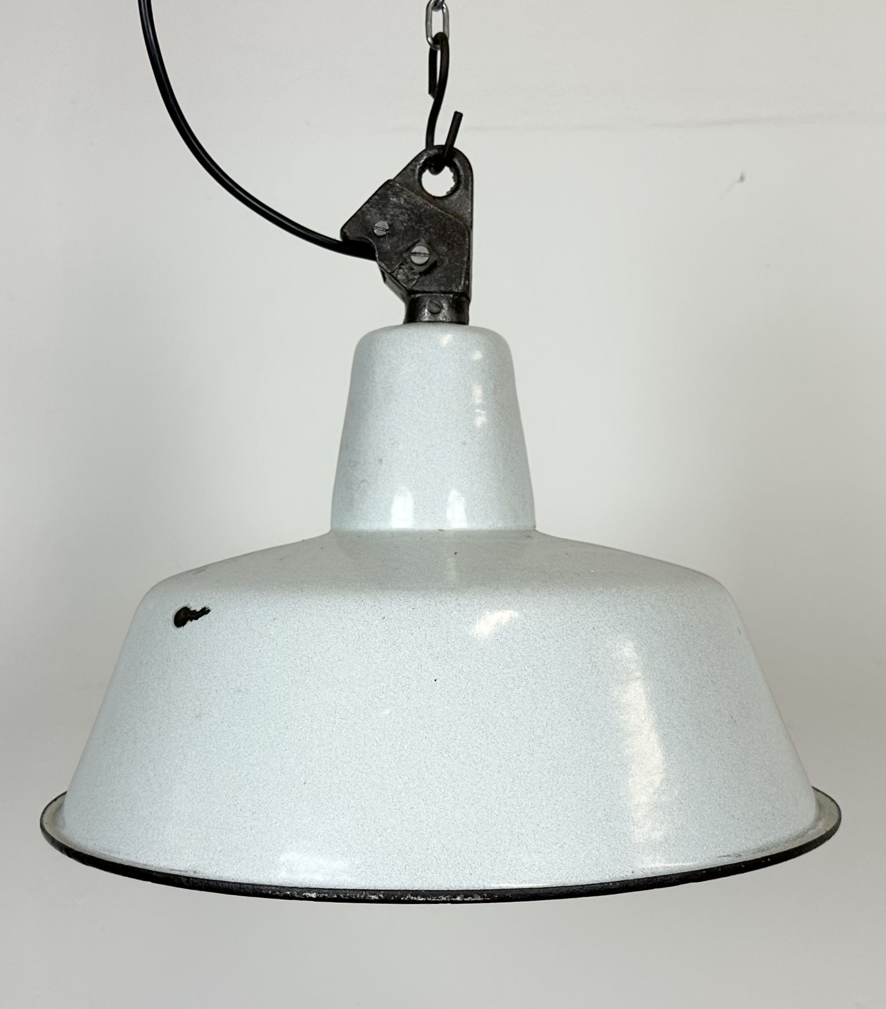 Industrial White Enamel Factory Lamp with Cast Iron Top, 1960s