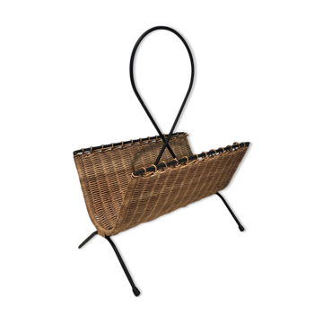 Rattan and black lacquered metal magazine rack