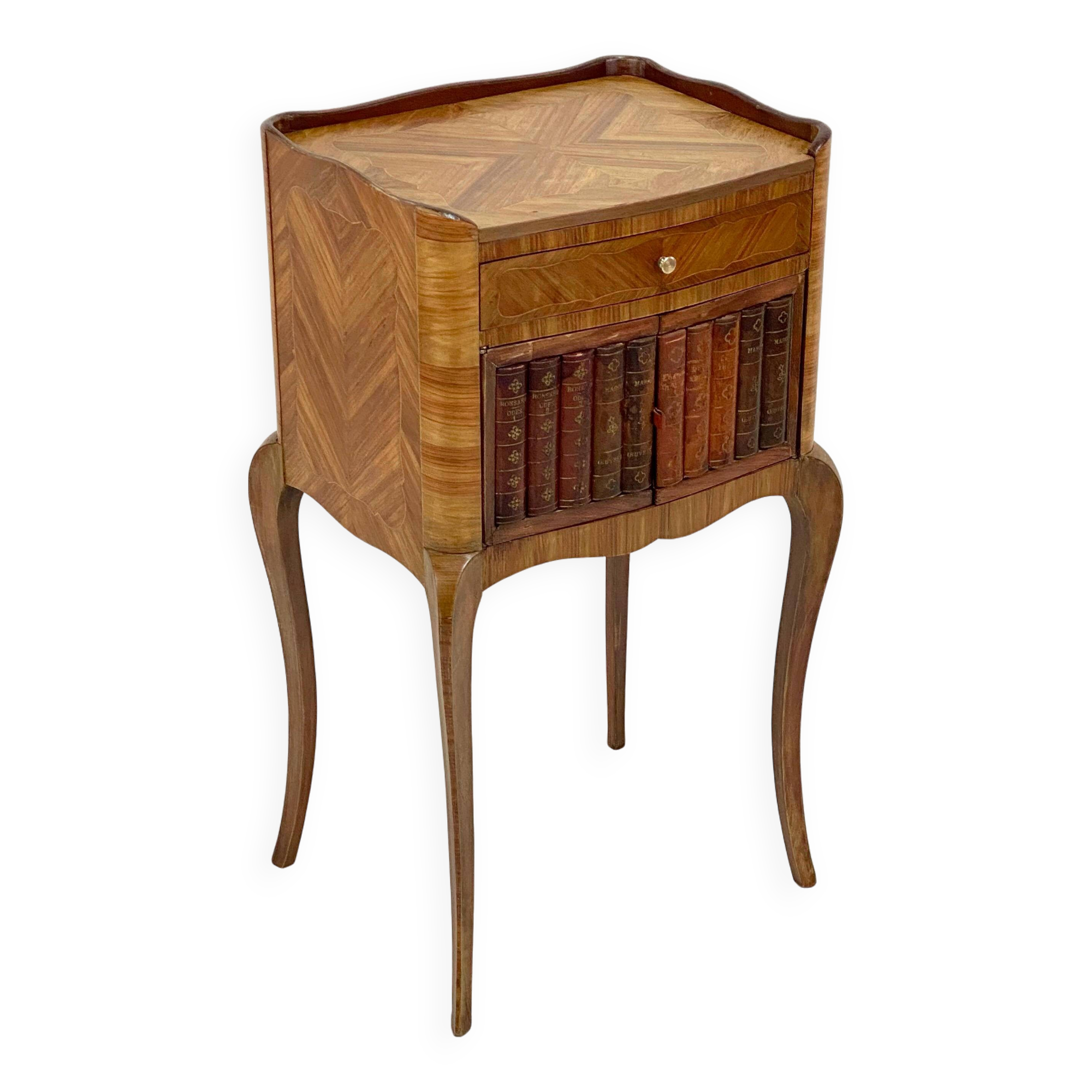 Antique Louis XV Style Bedside Table - Wood & Leather