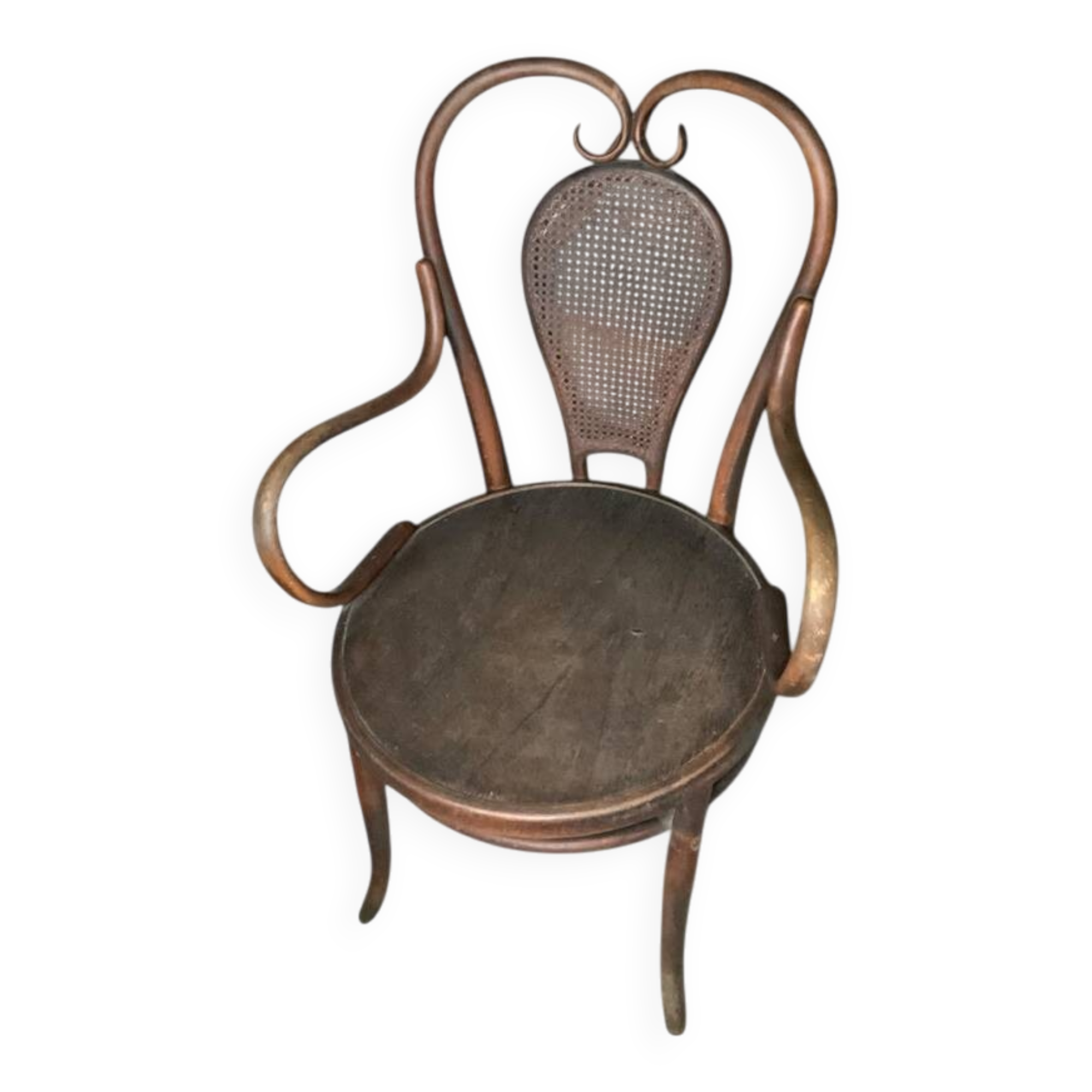 Antique curved wooden armchair with caning – Bistro style