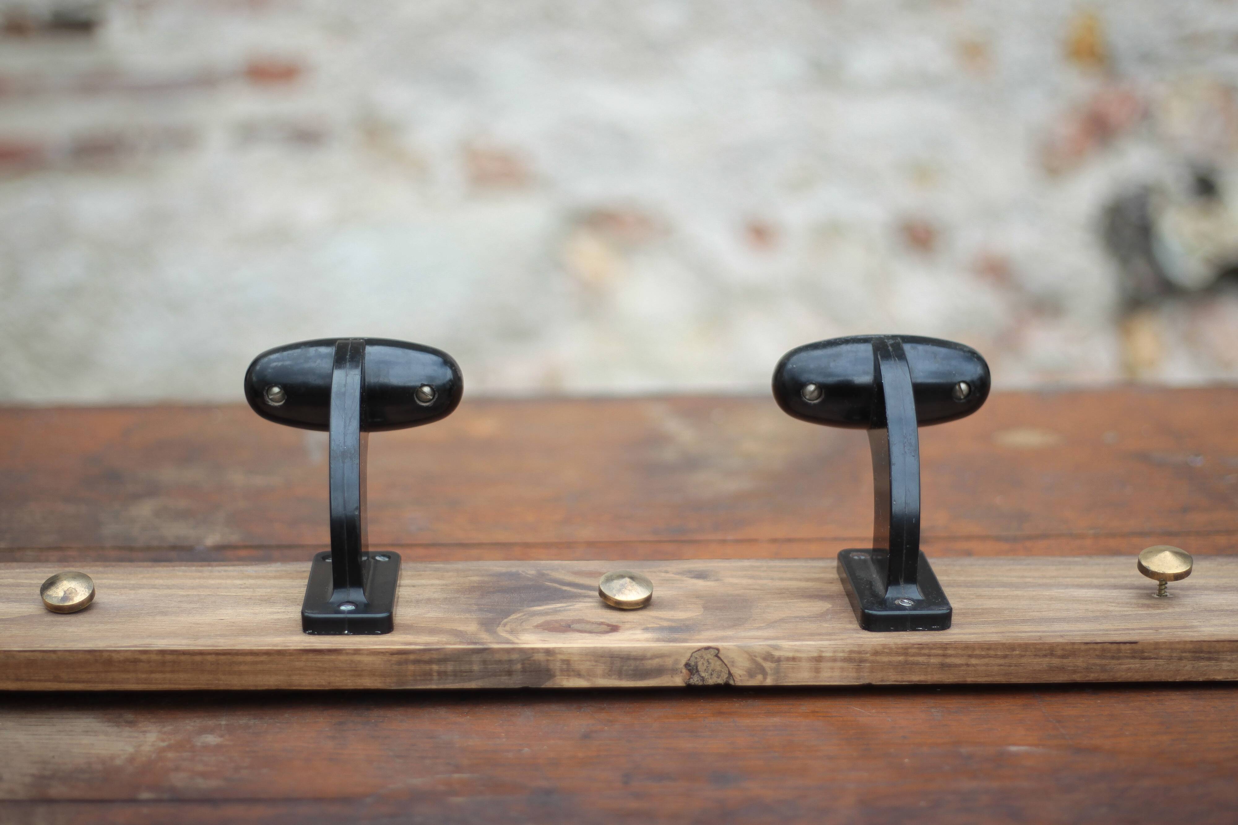 Wooden wall coat rack, vintage wall coat rack, bakelite hooks, ha