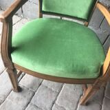 Fauteuil ancien français vert en tissu, cadre bois sculpté, style 1890-1919