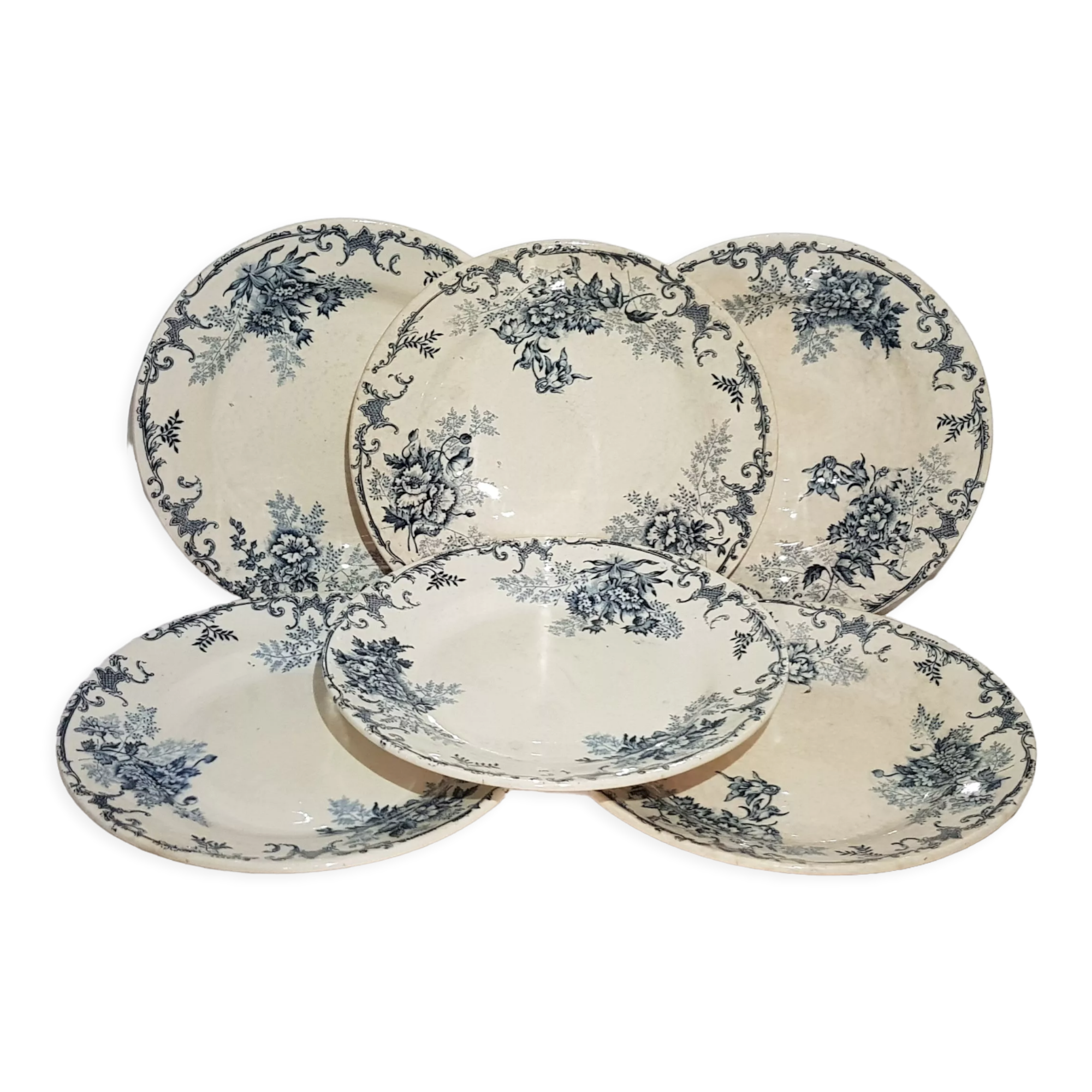Set of 6 flat earthenware plates from Choisy le Roi model Floreal, iron earth.