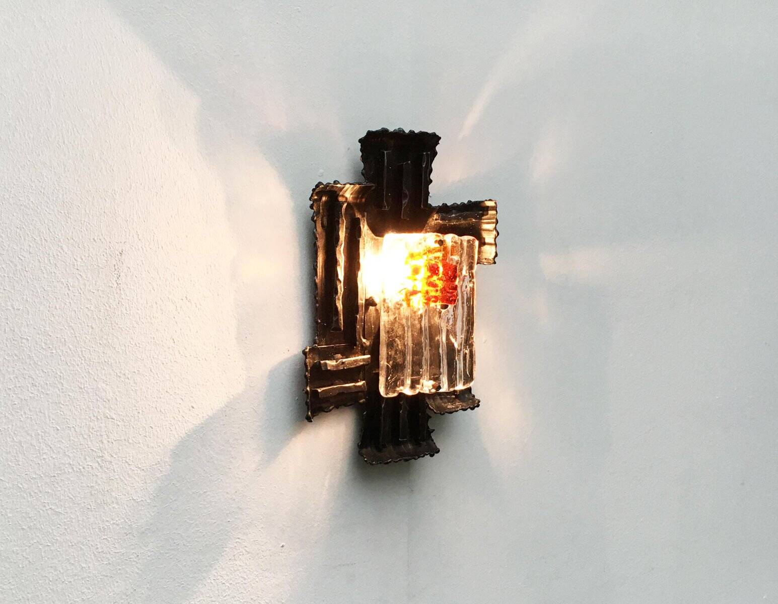 Vintage Italian brutalist wrought iron wall lamp by Albano Poli for Poliarte, set of 4.