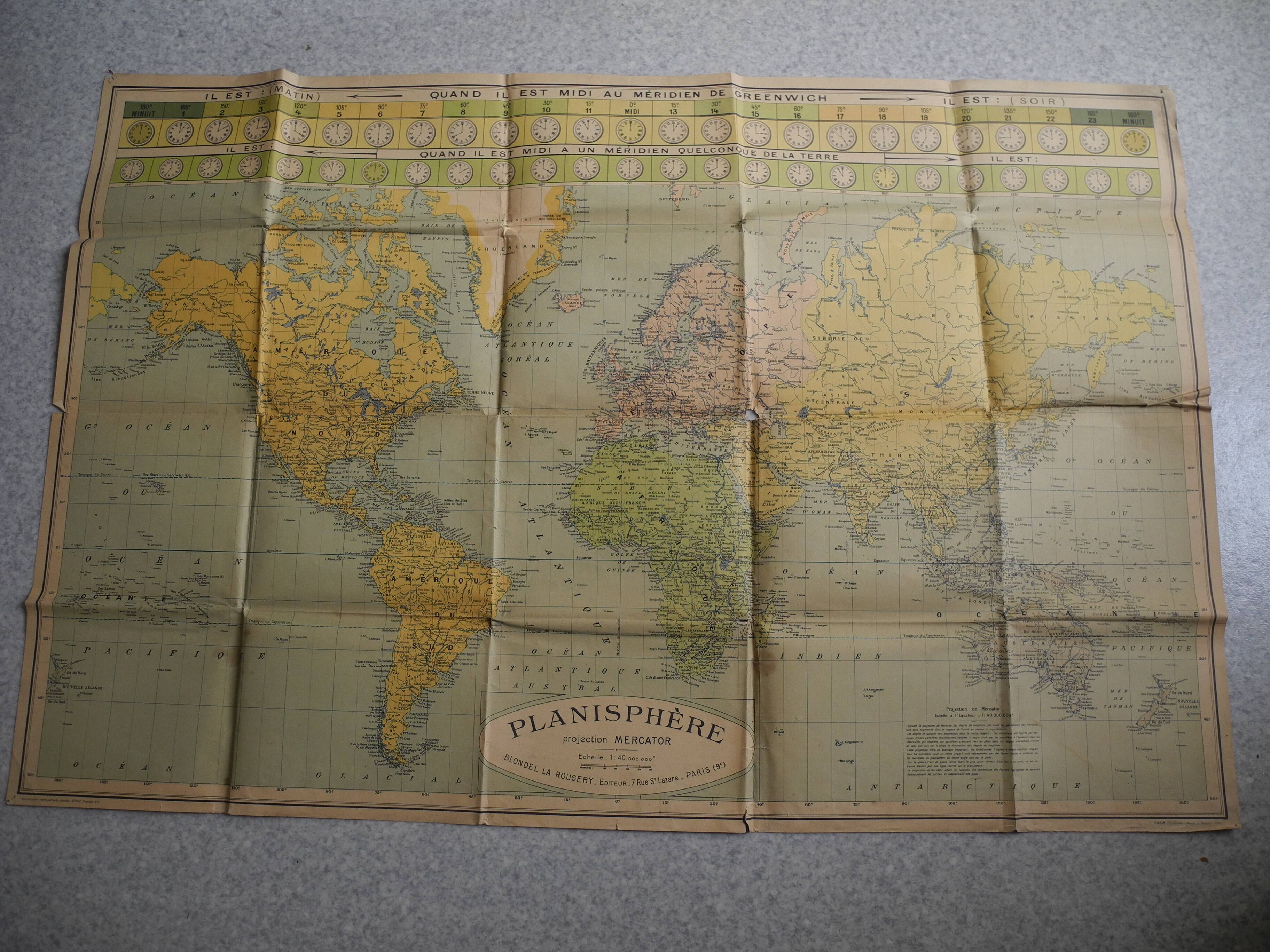 Planisphere map time zones blondel paris old french map time zone 30s