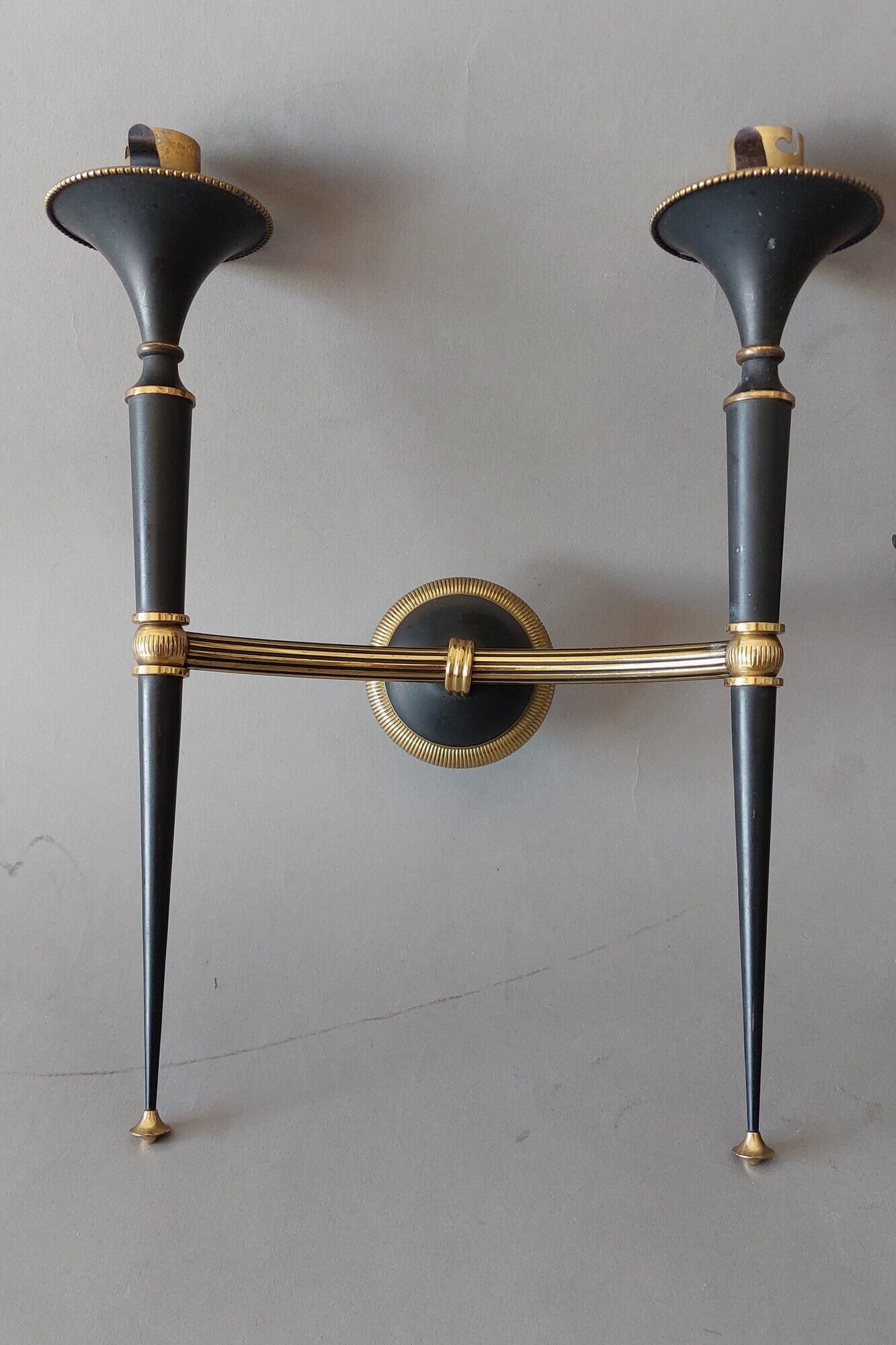 Pair of Maison Arlus torchiere sconces in gold brass and black lacquered 1960