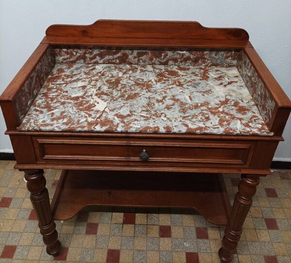Ancienne table de toilette en bois et marbre
