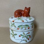 Covered pot in IMARI earthenware, hand-painted decoration, flowers, butterflies, and cat.