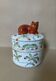 Covered pot in IMARI earthenware, hand-painted decoration, flowers, butterflies, and cat.