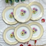 6 vintage porcelain dinner plates with white and golden yellow floral pattern L'Amandinoise "Coopélia" - Vintage floral tableware