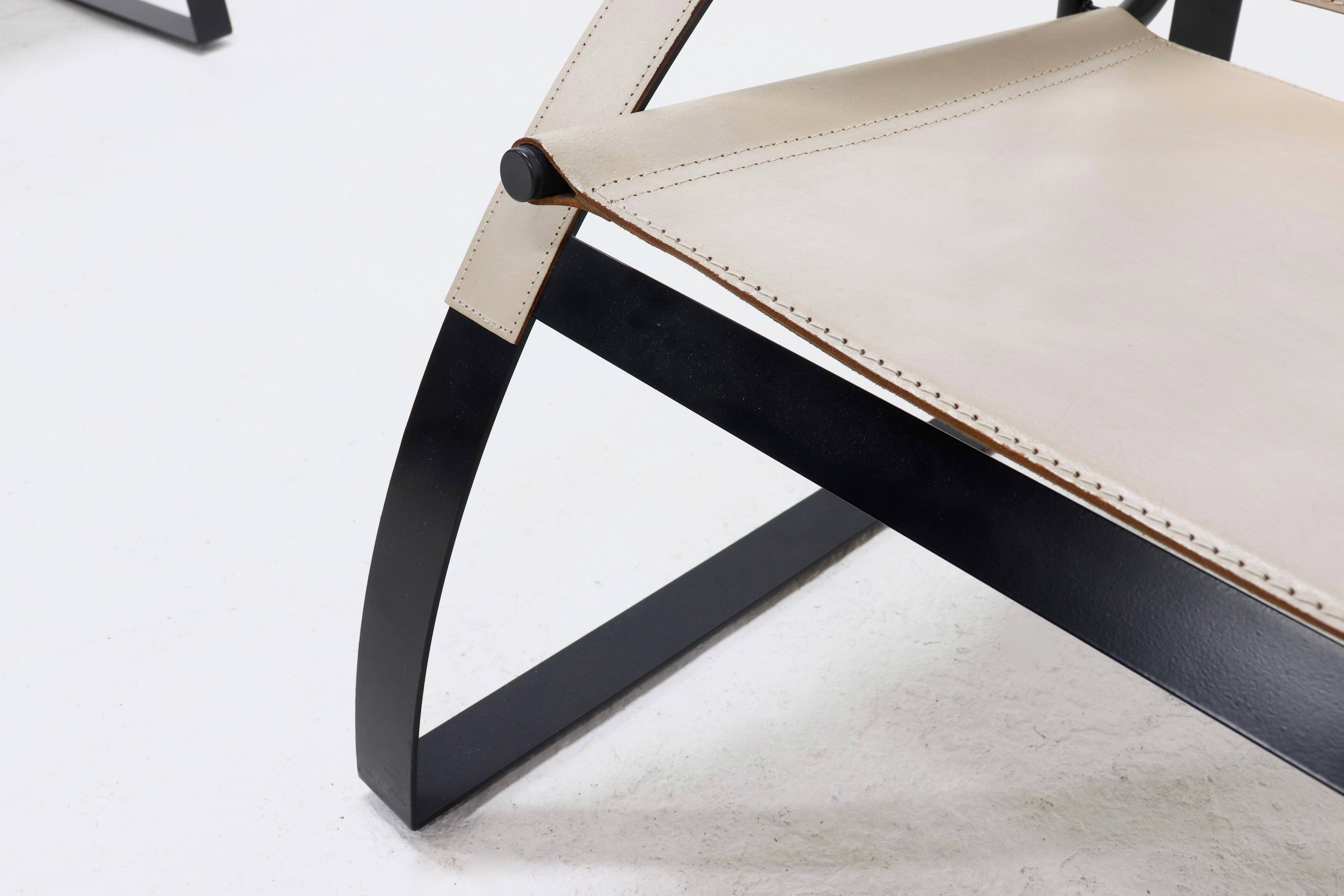 Set of 2 Post Modern Saddle Leather and Steel Armchairs 1970s