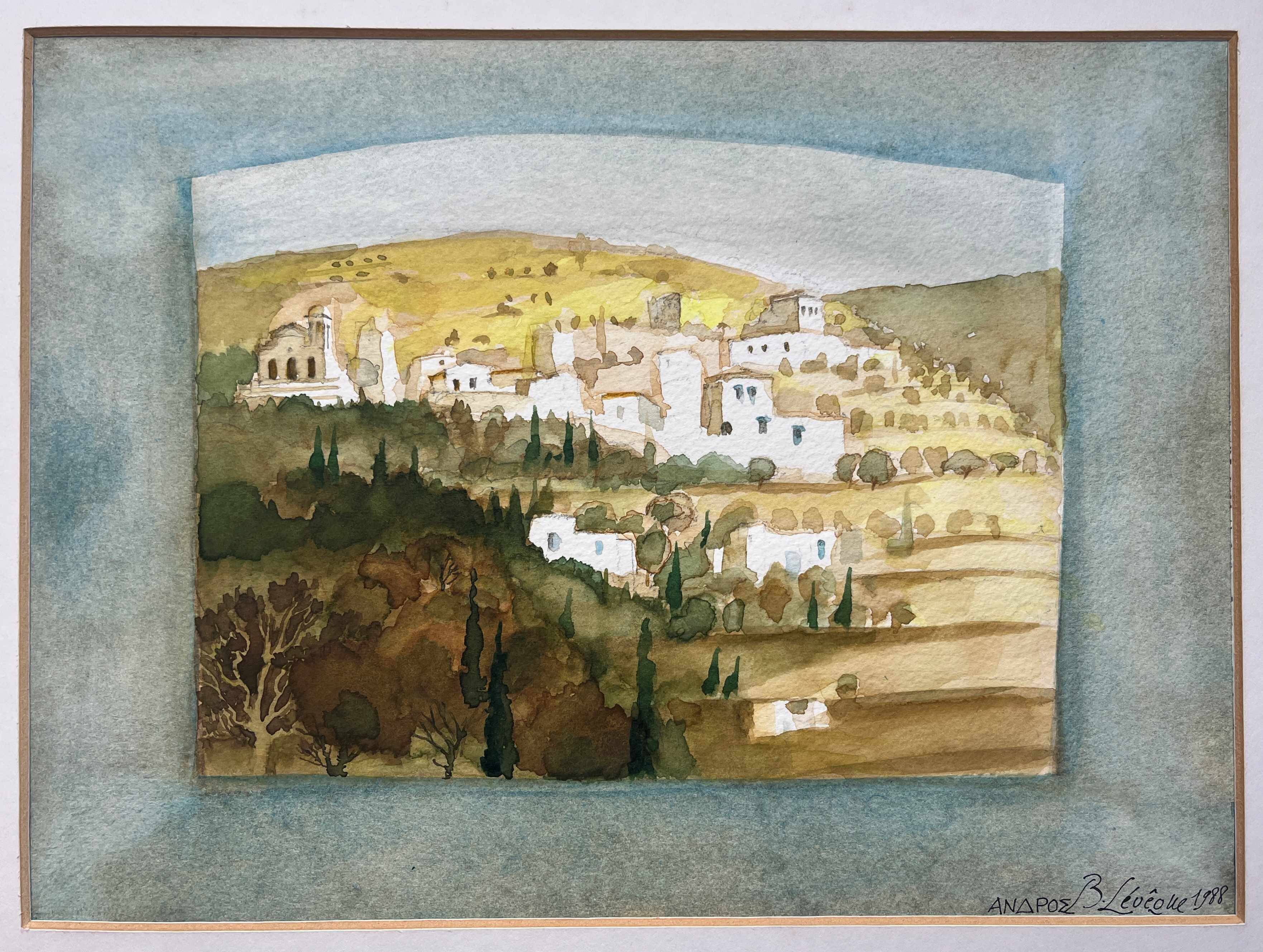 Watercolor painting "Anaxos" Greece signed B. Lévêque 1988
