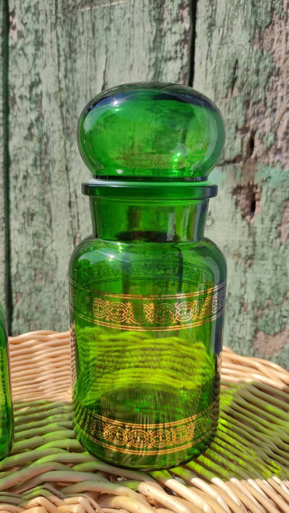 Duo of pots and jars apothecary style in green glass.