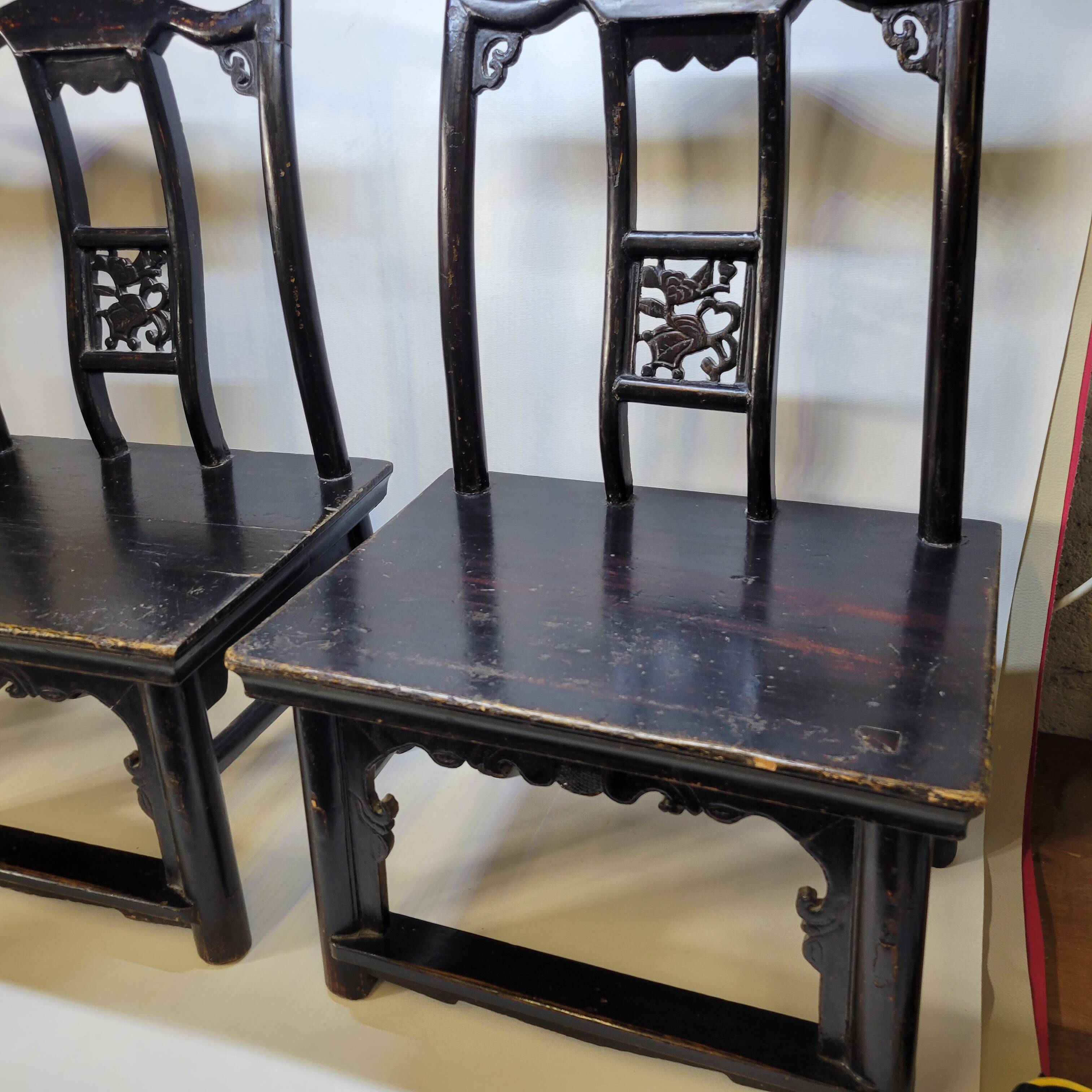 Pair of old chairs armchairs 19th century Chinese stools in black lacquered wood
